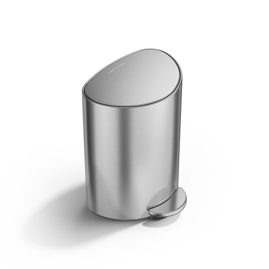 Simplehuman 6L Semi-Round Step Can in Brushed Stainless Steel, angled view, space-saving size with durable steel pedal.