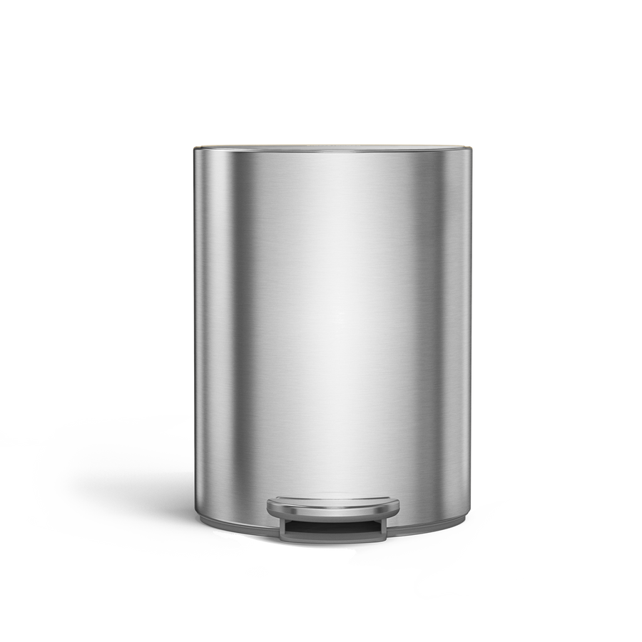 Simplehuman 6L Semi-Round Step Can, Brushed Stainless Steel, front view, durable steel pedal for hands-free use.