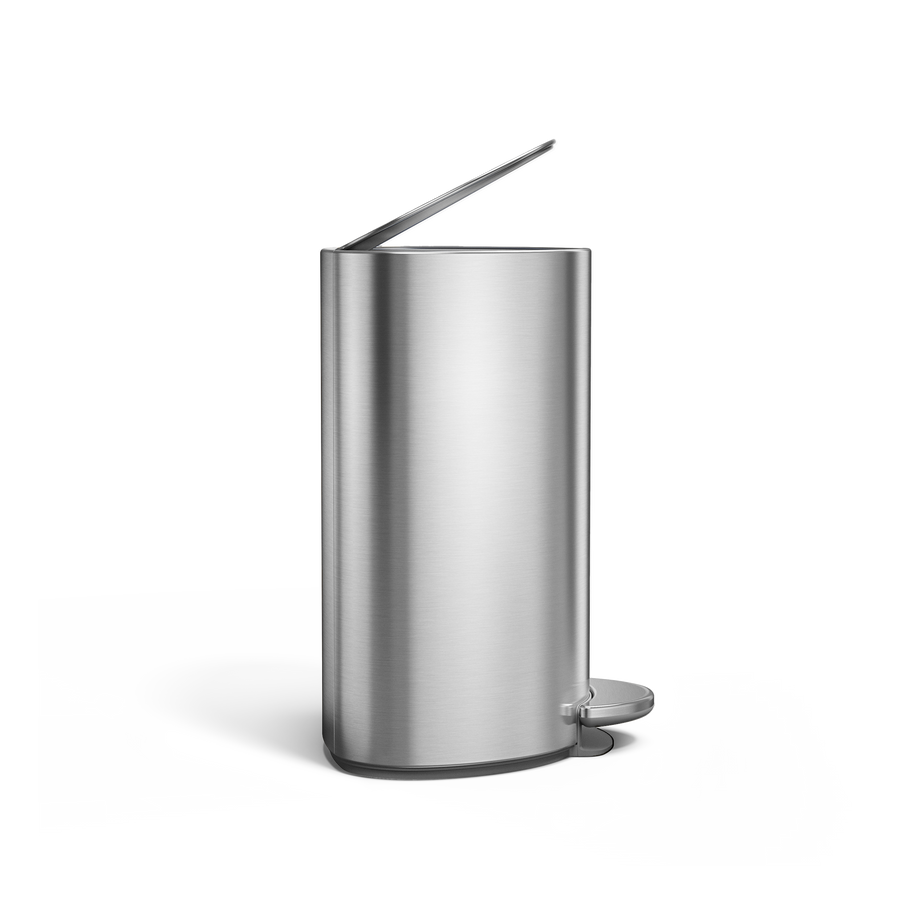 Simplehuman 6L Semi-Round Step Can, Brushed Stainless Steel, profile view with lid open, hands-free pedal.