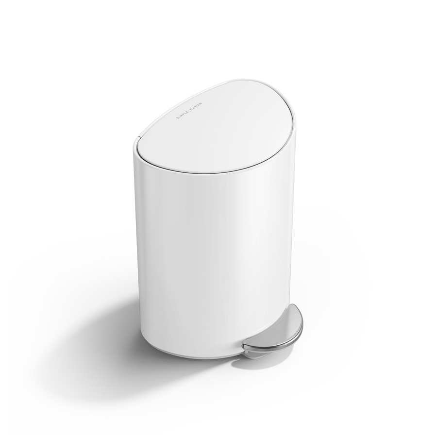 Simplehuman White 6L Semi-Round Step Can, angled view, space-saving design with durable hands-free pedal.