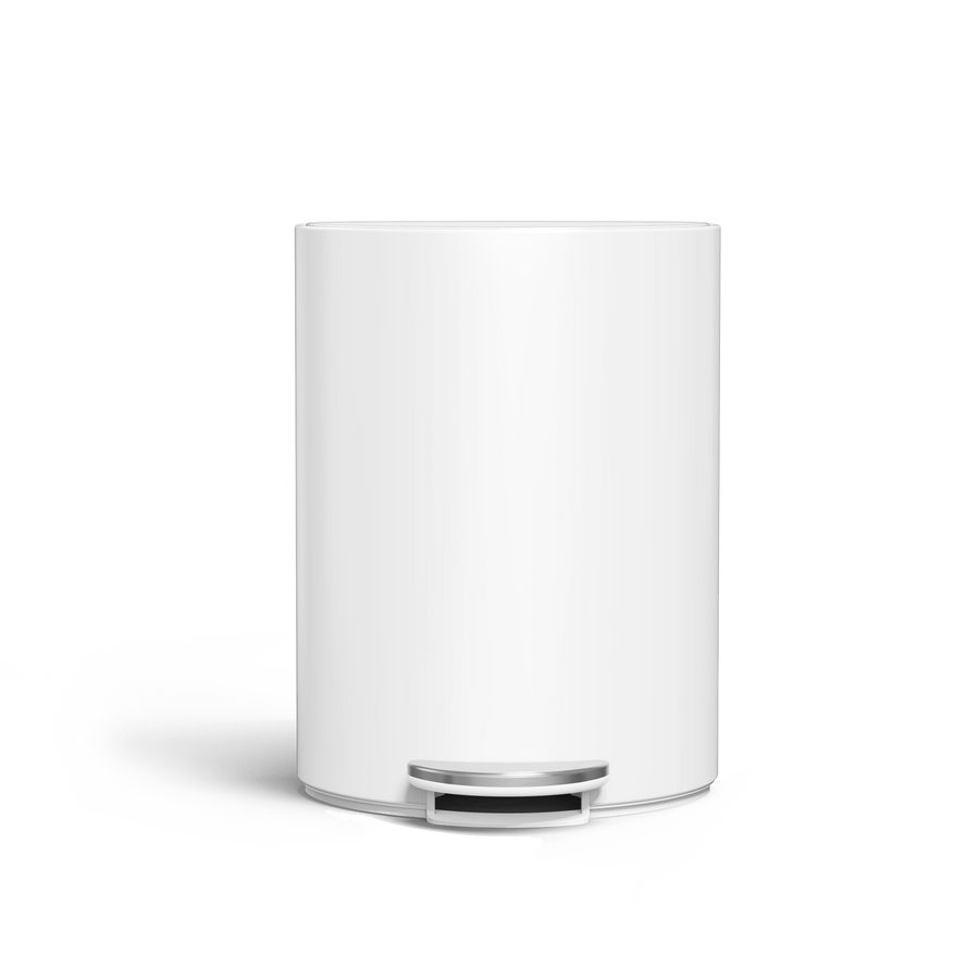 Simplehuman White 6L Semi-Round Step Can, front view, space-saving design with durable steel pedal.