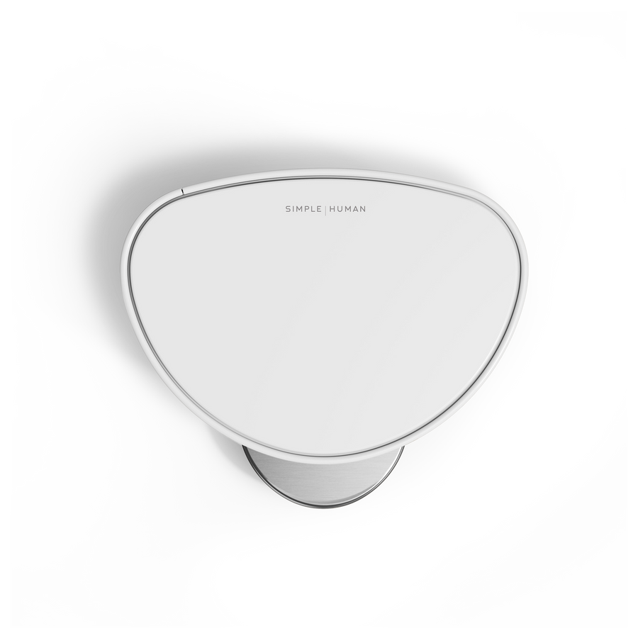Simplehuman White 6L Semi-Round Step Can, Overhead view of the lid showing branding, space-saving design.