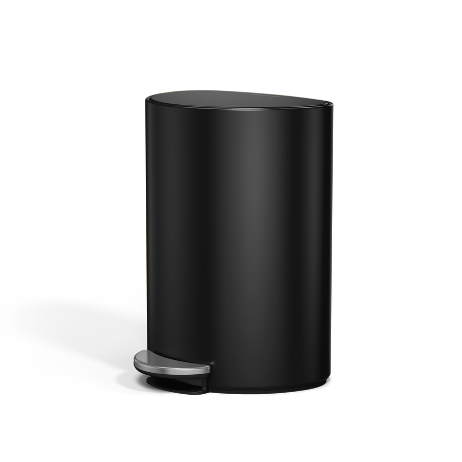 Simplehuman 6L Semi-Round Step Can in Matte Black, space-saving design with durable stainless steel pedal.