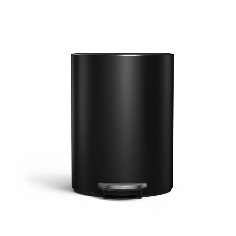 Simplehuman 6L Semi-Round Step Can, Matte Black, front view showing durable steel pedal.