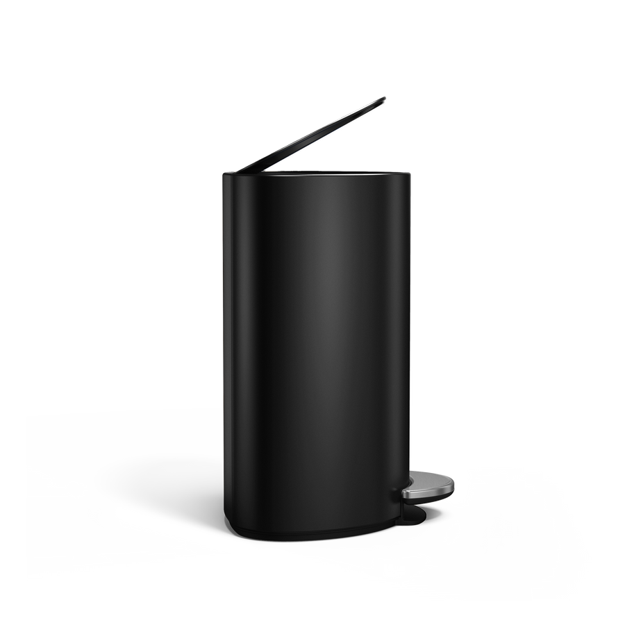 Simplehuman Matte Black 6L Semi-Round Step Can, side view with lid open, hands-free operation.