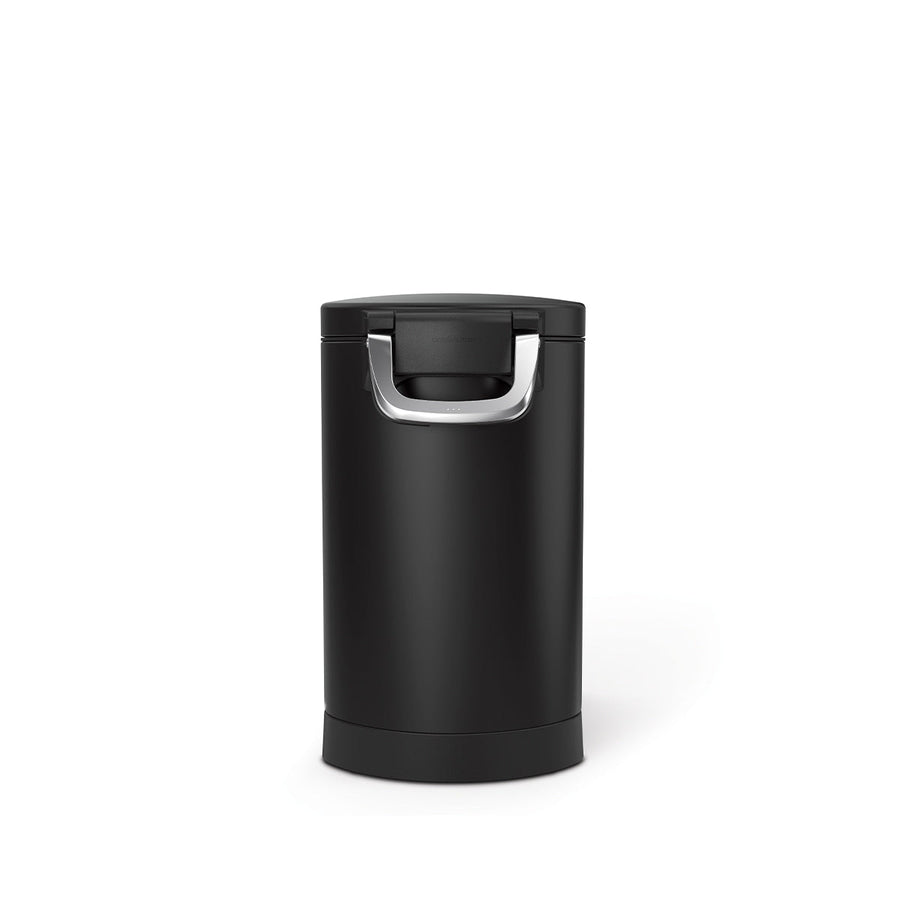 Simplehuman Medium Pet Food Can, Matte Black, Front view, secure airtight locking handle.