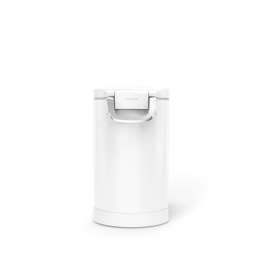 Studio view of Simplehuman Medium Pet Food Can, White, polished handle, secure airtight locking mechanism.