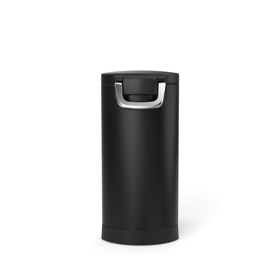 Front view of Simplehuman Large Pet Food Can, Matte Black, closed with polished locking handle.