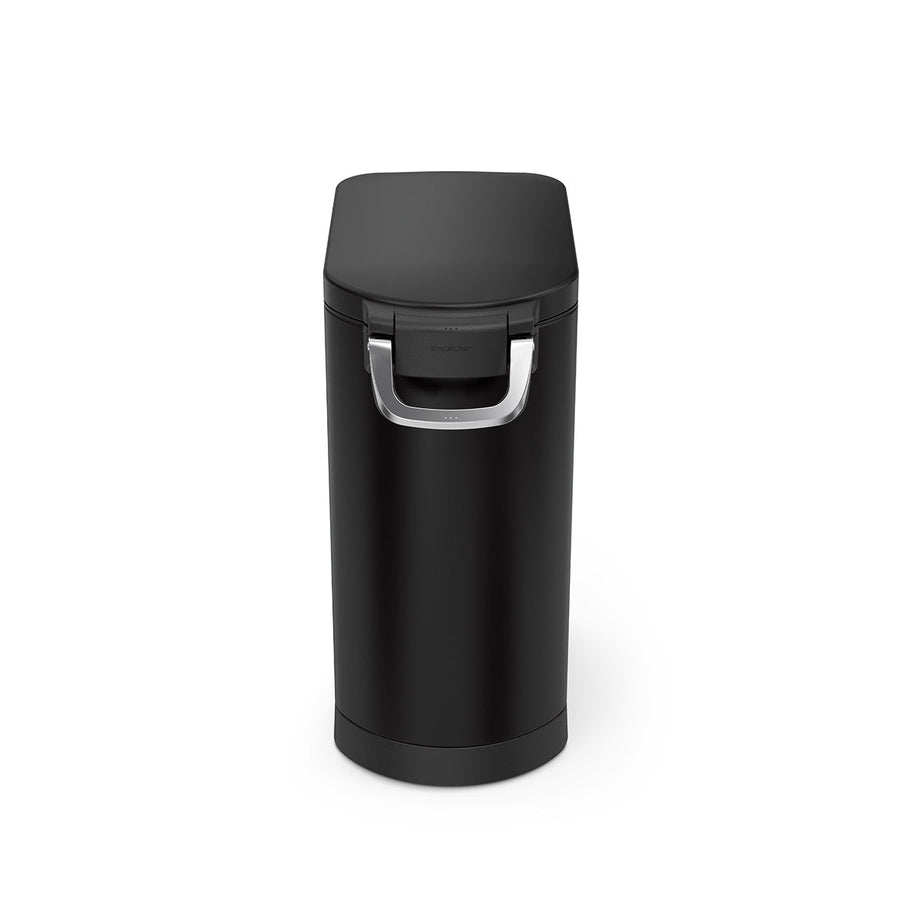 Head-on view of Simplehuman Large Pet Food Can, Matte Black, airtight seal with polished locking handle.
