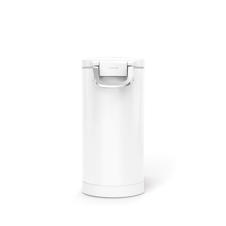 Studio front view of Simplehuman Large Pet Food Can, White, closed with secure locking handle.