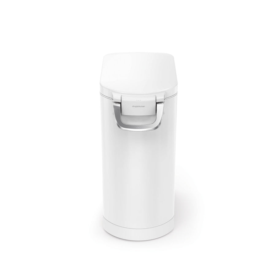 Vertical studio view of Simplehuman White Large Pet Food Can, closed securely with polished airtight locking handle.