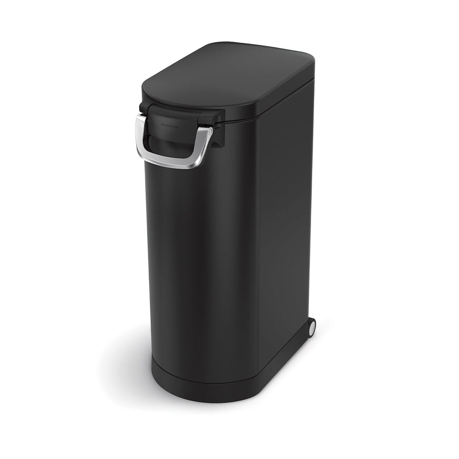 Angled view of Simplehuman X-Large Pet Food Can, Matte Black finish, airtight locking handle and wheels.