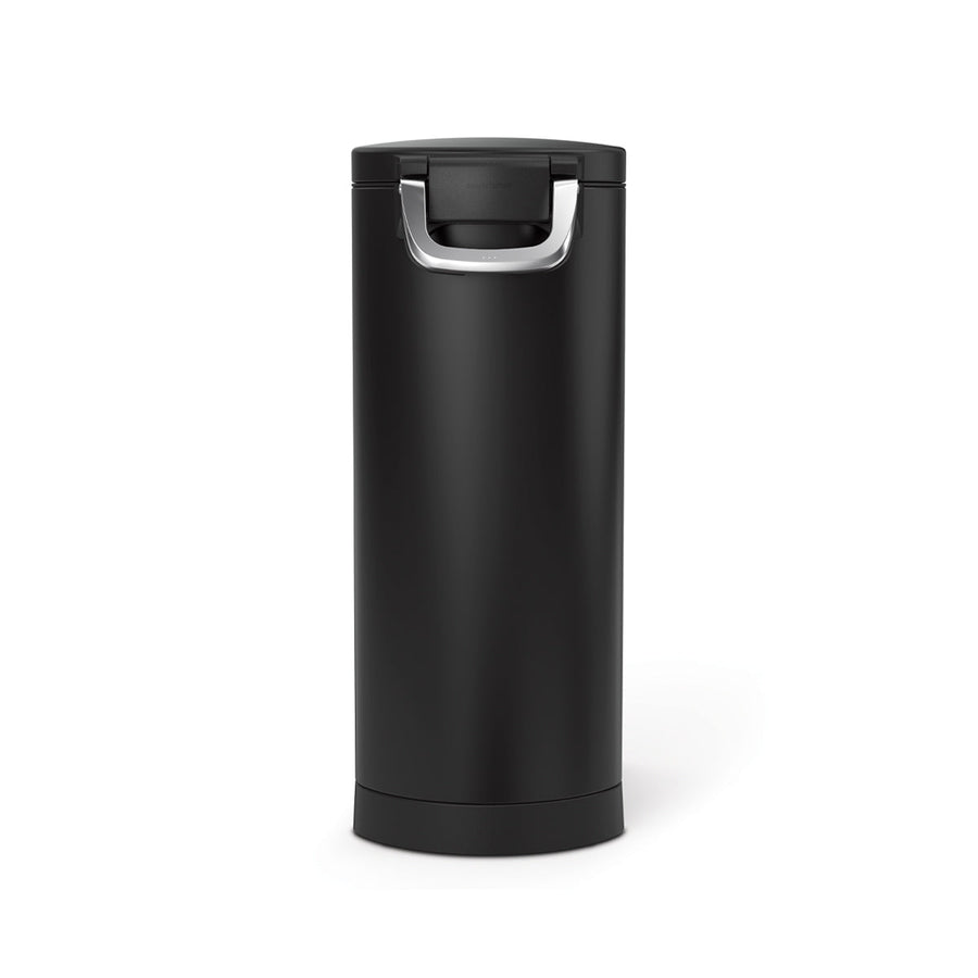Front view of Simplehuman X-Large Pet Food Can, Matte Black, with airtight locking handle.
