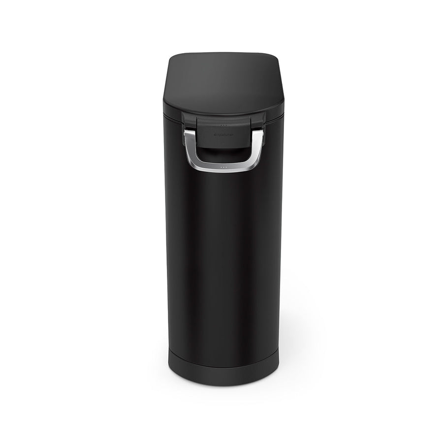 Isolated front view of Simplehuman X-Large Pet Food Can, Matte Black, featuring the secure, airtight locking handle.