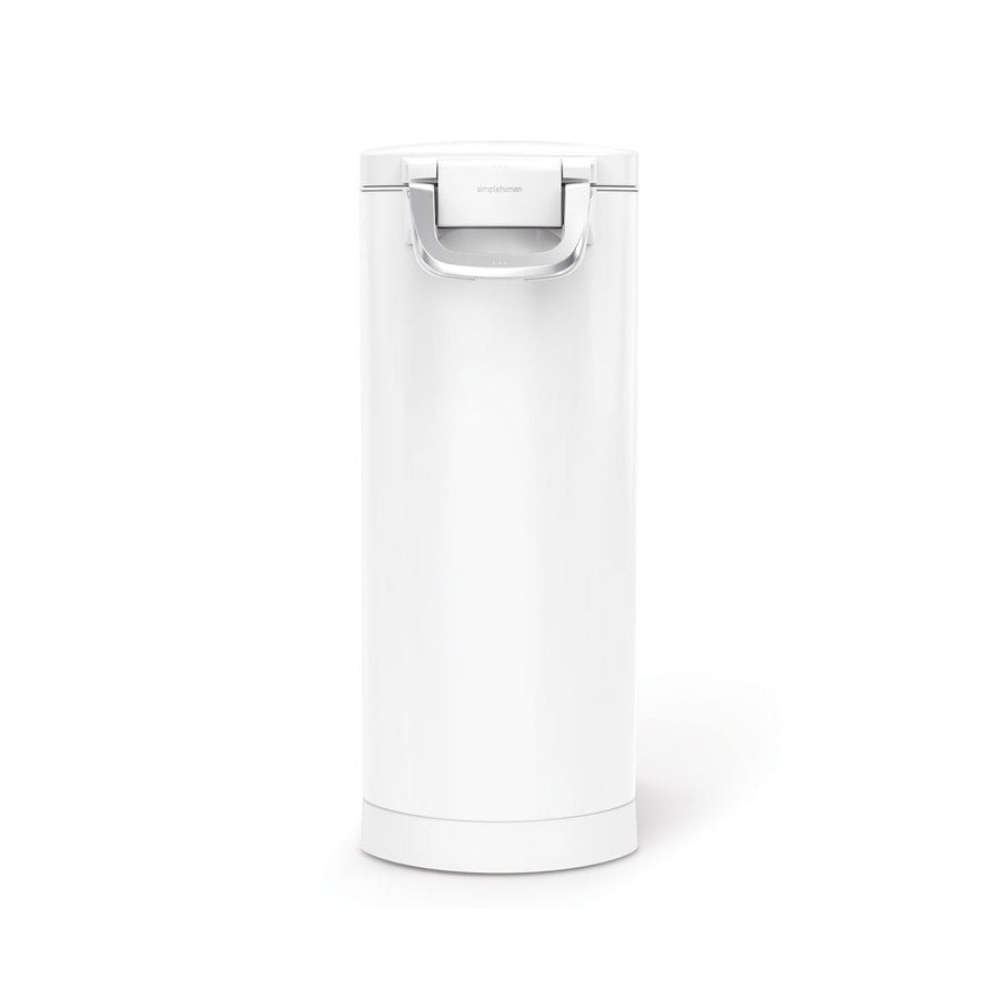 Isolated front view, Simplehuman X-Large Pet Food Can, White, featuring an airtight locking handle.