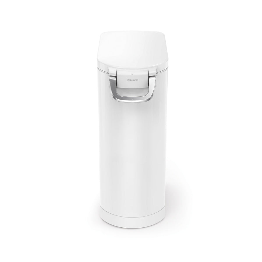Straight front view, Simplehuman X-Large Pet Food Can, White, with secure locking handle for airtight food storage.