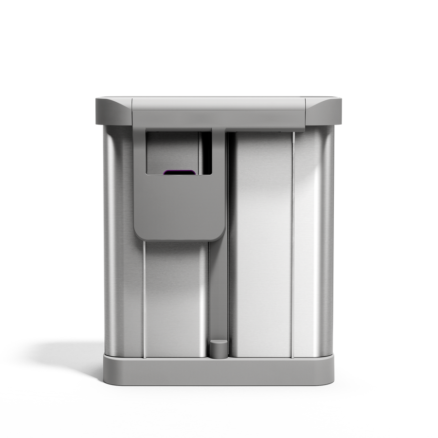 Front view of Simplehuman 58L Step Recycler in Brushed Stainless Steel with dual compartments and hands-free foot pedal.