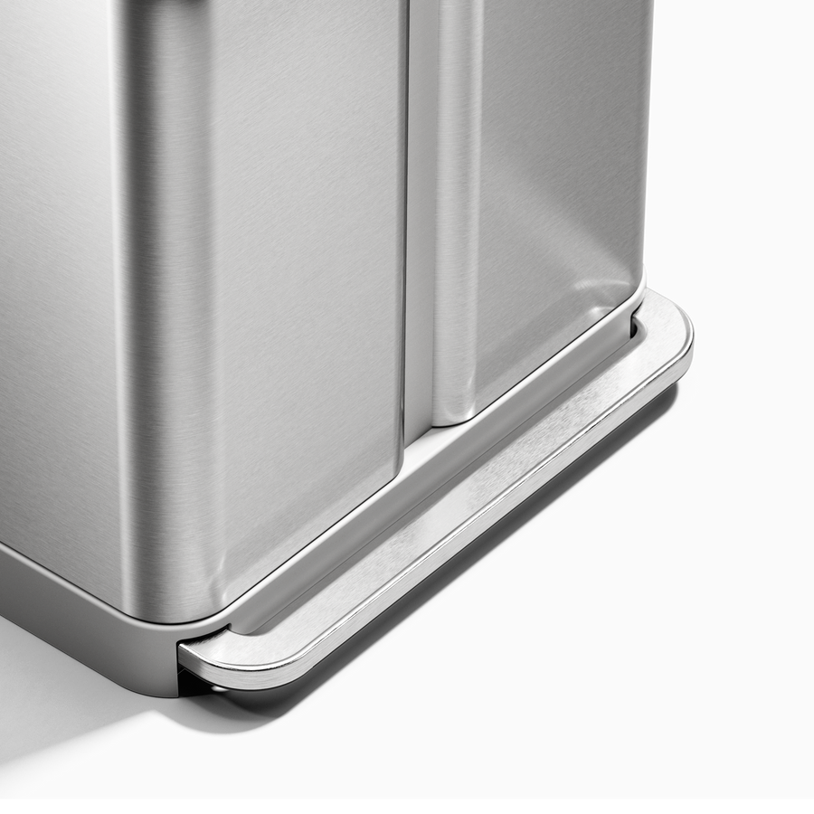 Detail view of Simplehuman 58L Step Recycler pedal in Brushed Stainless Steel, quiet hands-free operation.
