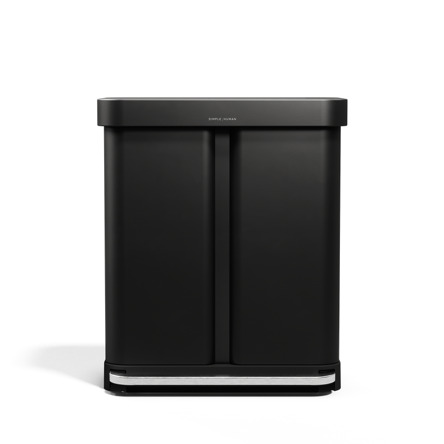 Simplehuman 58L Step Recycler in Matte Black, dual compartment waste system, hands-free step pedal.