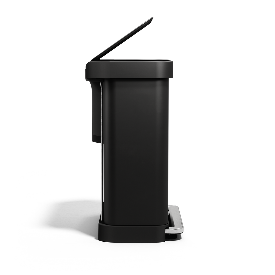 Side view of Simplehuman 58L Step Recycler in Matte Black, dual compartment system with lid lifted, hands-free step pedal.