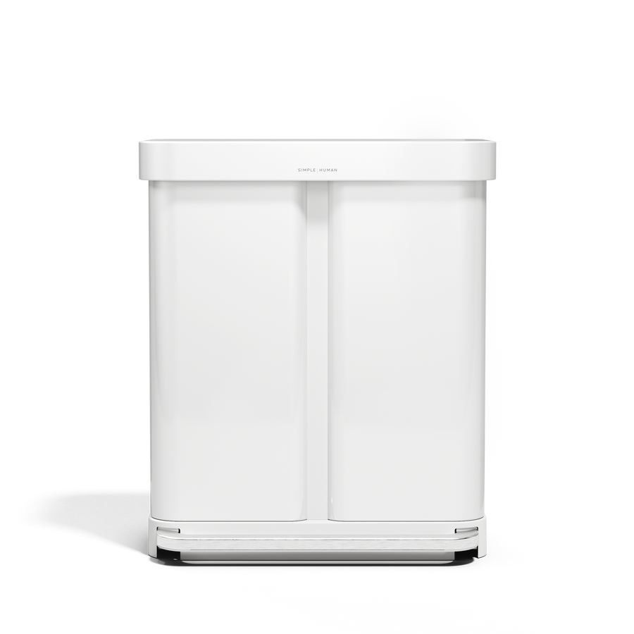 Simplehuman 58L Step Recycler in White, dual compartment for trash and recycling, hands-free pedal.