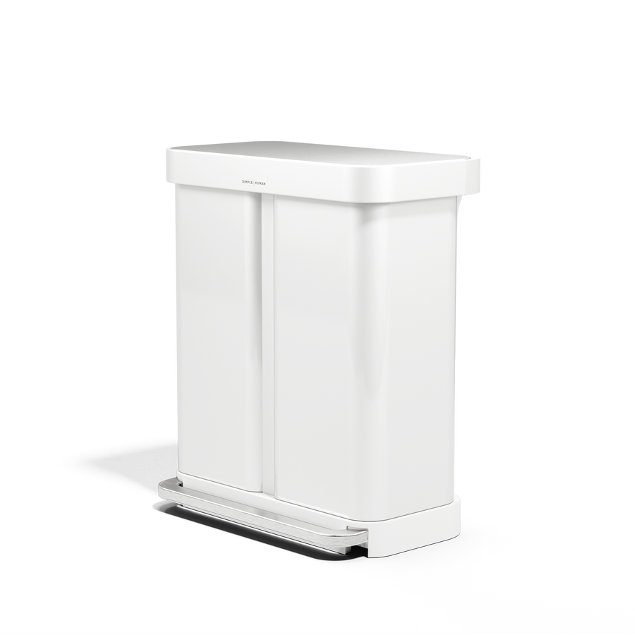 Angled view of Simplehuman 58L Step Recycler in White, dual compartments, with brushed metal foot pedal.