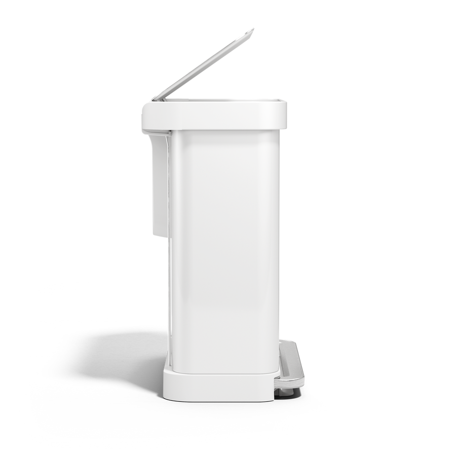 Simplehuman 58L Step Recycler, White side profile with lid open, hands-free step pedal.