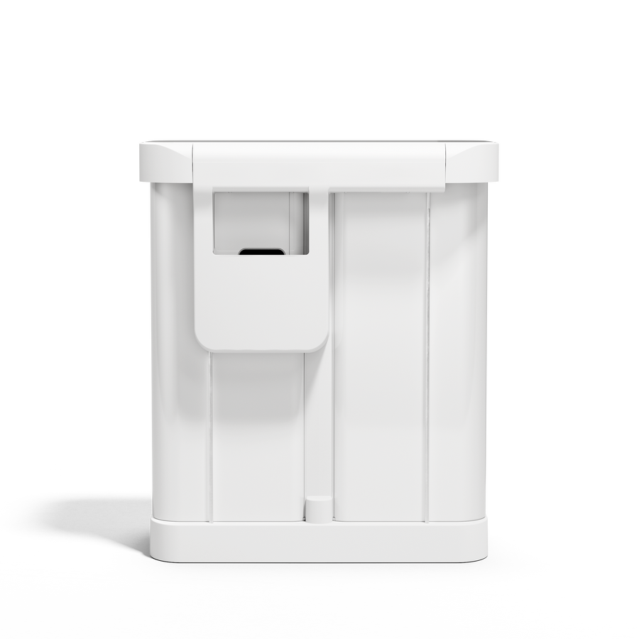 Front view of Simplehuman 58L Step Recycler in White, dual compartments, featuring the internal liner pocket opening.