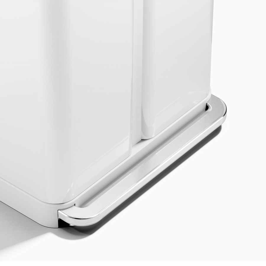 Detail view of Simplehuman White Step Recycler's wide brushed steel hands-free foot pedal.