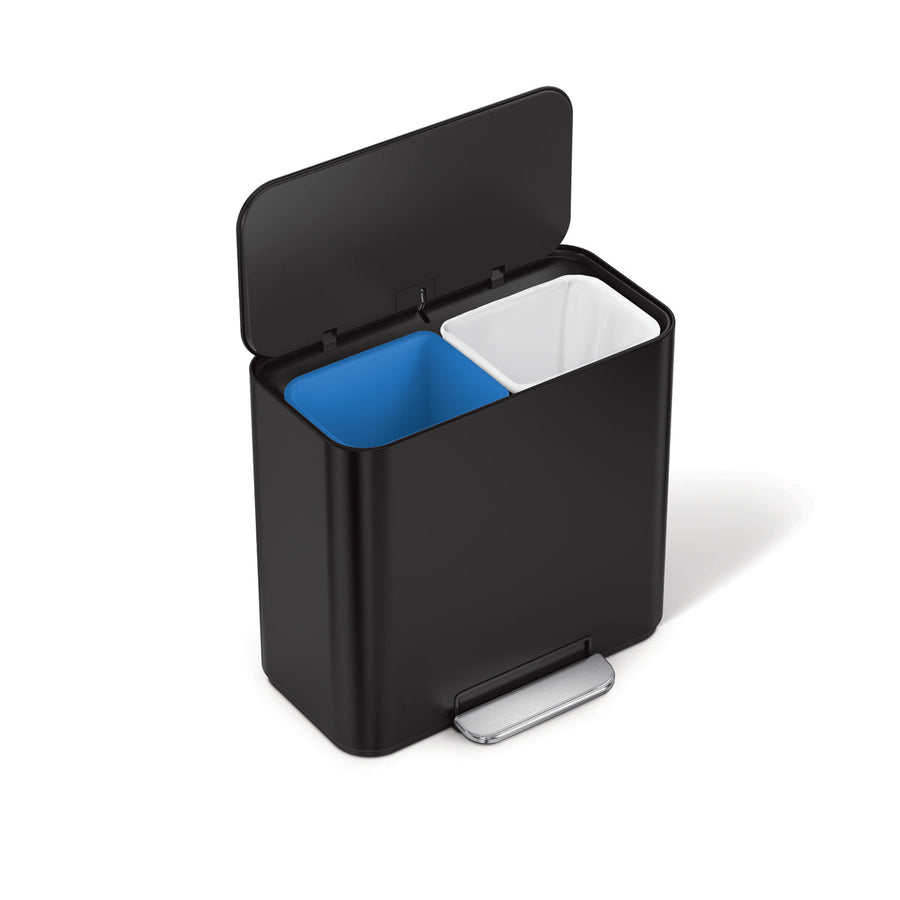 Angled view of Simplehuman Matte Black 15L Mini Recycler Step Can with lid open, showing dual liners and hands-free pedal.