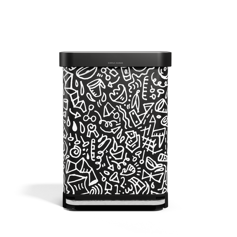 Simplehuman 55L Rectangular Step Can, black with white doodle graphic print, hands-free pedal, and liner pocket.