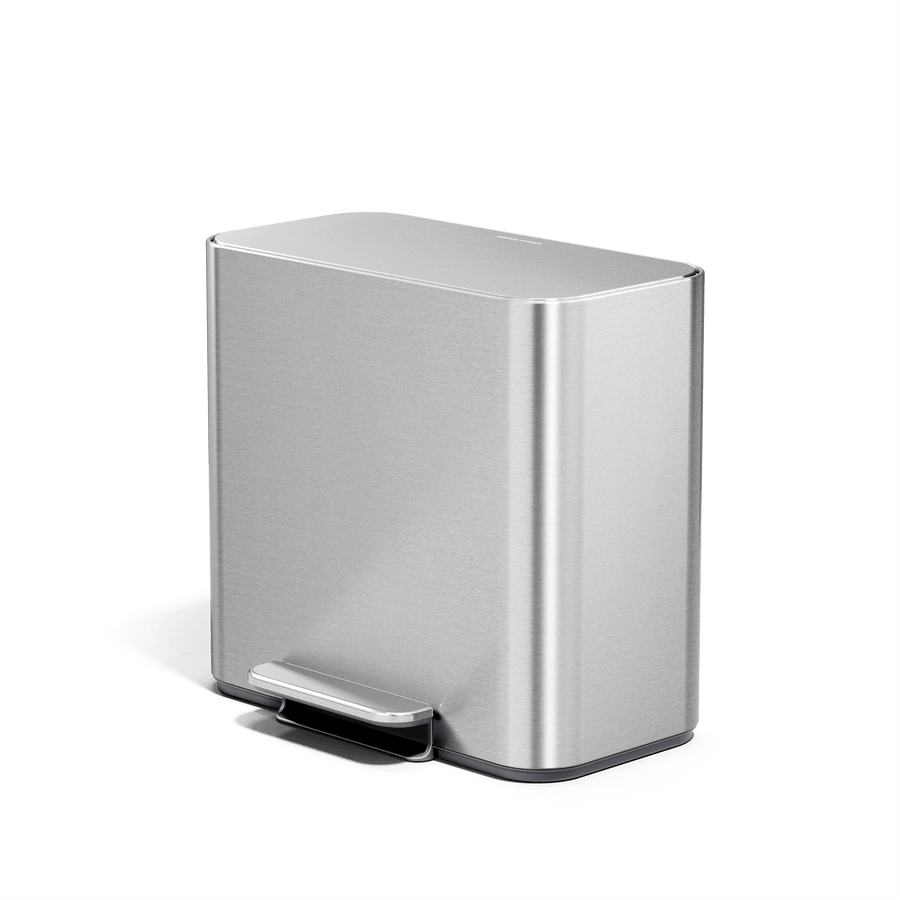 Simplehuman 16L Brushed Stainless Steel Mini Step Can with pedal, angled view.