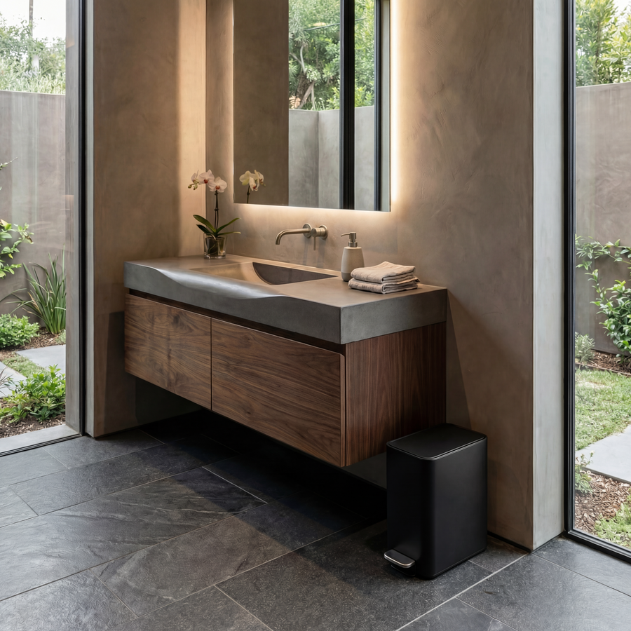 Simplehuman's 5L Slim Step Can in Matte Black in a modern bathroom with wooden cabinets next to a window facing a backyard.