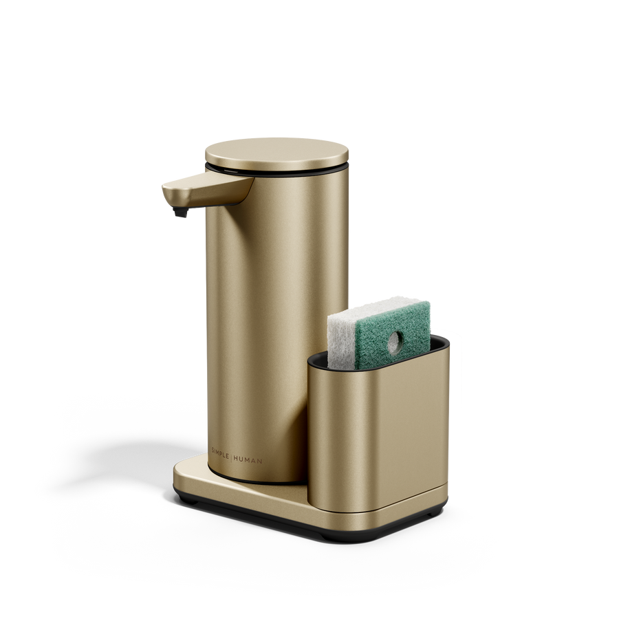Simplehuman Brushed Brass 14 oz Sensor Pump + Caddy, sponge shown in removable dock, rechargeable, touch-free.