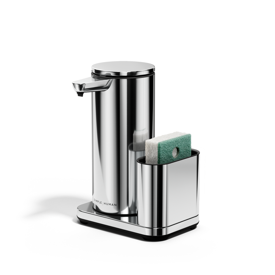 Angled view: Simplehuman Polished Stainless Steel 14 oz Sensor Pump + Caddy holding a sponge, rechargeable touch-free design.
