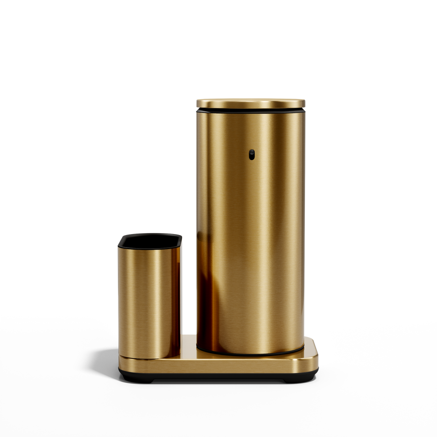 Front studio view: Simplehuman Brushed Brass 14 oz Sensor Pump + Caddy, rechargeable touch-free dispenser.