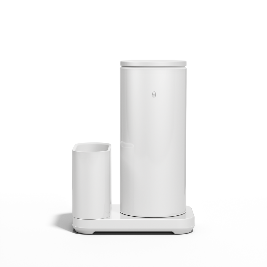 Front view: Simplehuman White 14 oz Sensor Pump + Caddy, touch-free, rechargeable, with removable utensil caddy.