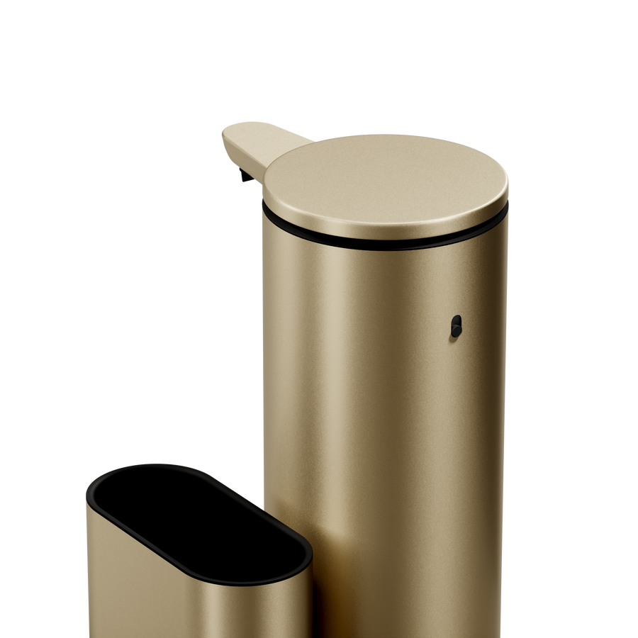 Simplehuman Brushed Brass 14 oz Sensor Pump, detail view showing the touch-free sensor and detached caddy base.