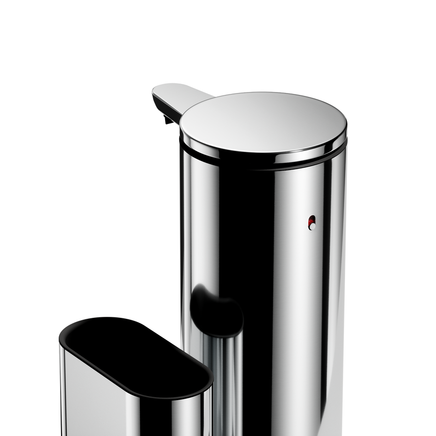 Simplehuman Polished Stainless Steel 14 oz Sensor Pump + Caddy, close-up angled view, touch-free.