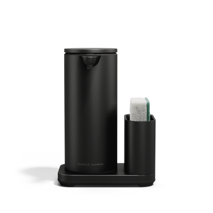 Simplehuman Matte Black 14 oz Sensor Pump + Caddy, touch-free dispenser with integrated sponge holder.