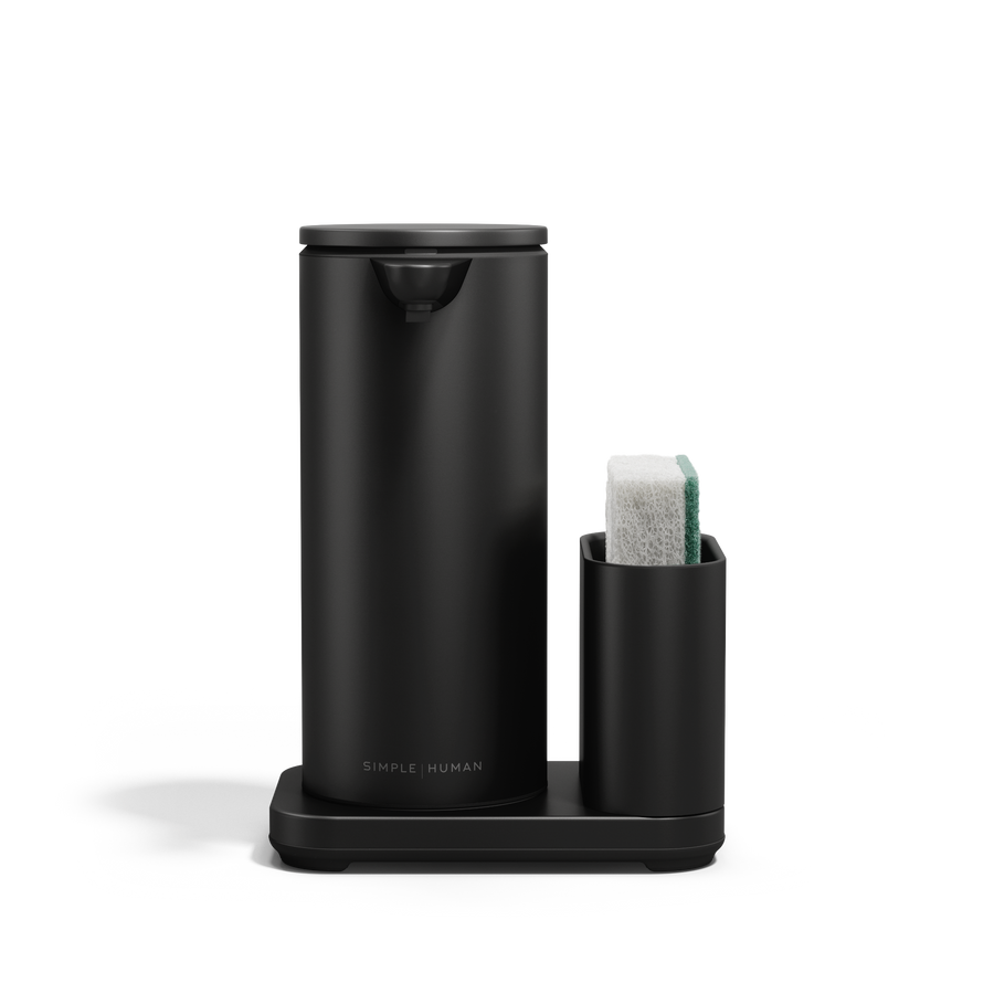 Simplehuman Matte Black 14 oz Sensor Pump + Caddy, touch-free dispenser with integrated sponge holder.