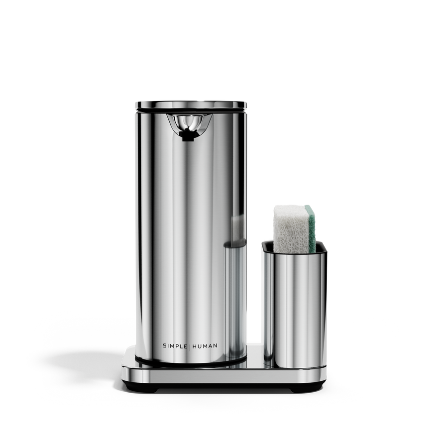 Front view: Simplehuman Polished Stainless Steel 14 oz Sensor Pump + rechargeable touch-free dispenser with removable caddy.