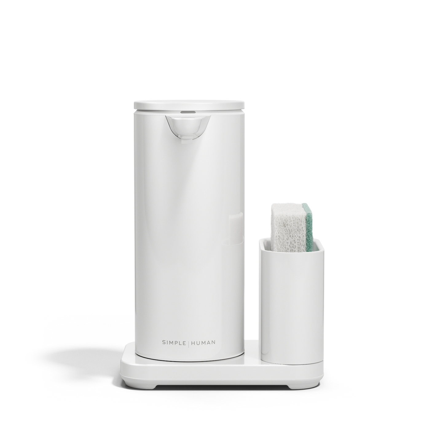 Simplehuman White 14 oz Sensor Pump + Caddy holding a sponge, touch-free, space-saving design.