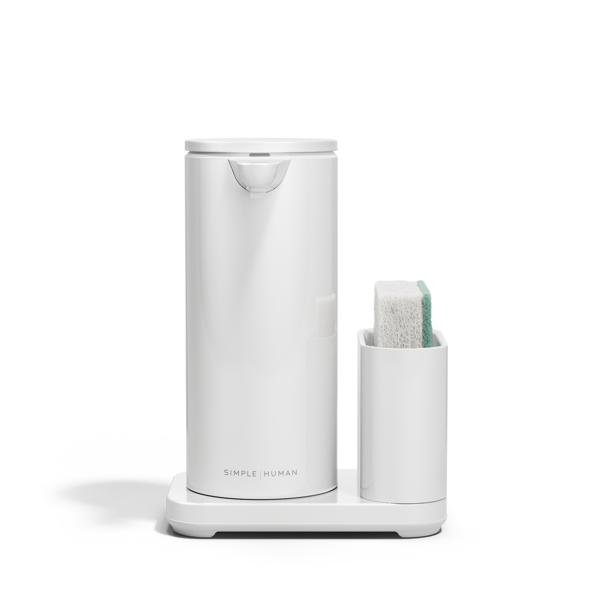 Simplehuman White 14 oz Sensor Pump + Caddy holding a sponge, touch-free, space-saving design.