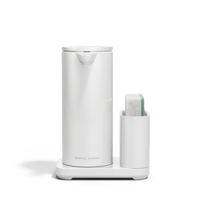 Simplehuman White 14 oz Sensor Pump + Caddy holding a sponge, touch-free, space-saving design.