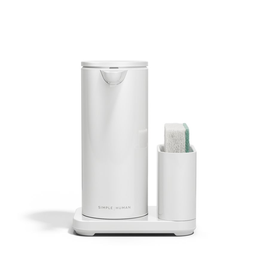 Simplehuman White 14 oz Sensor Pump + Caddy holding a sponge, touch-free, space-saving design.