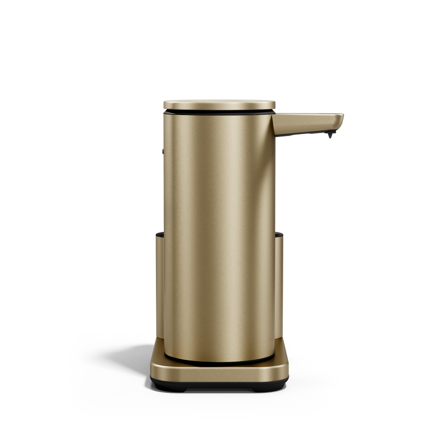 Simplehuman Brushed Brass 14 oz Sensor Pump + Caddy, profile view of rechargeable touch-free dispenser.