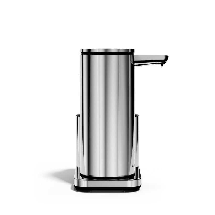 Studio front view: Simplehuman Polished Stainless Steel 14 oz Sensor Pump + Caddy, rechargeable touch-free dispenser.