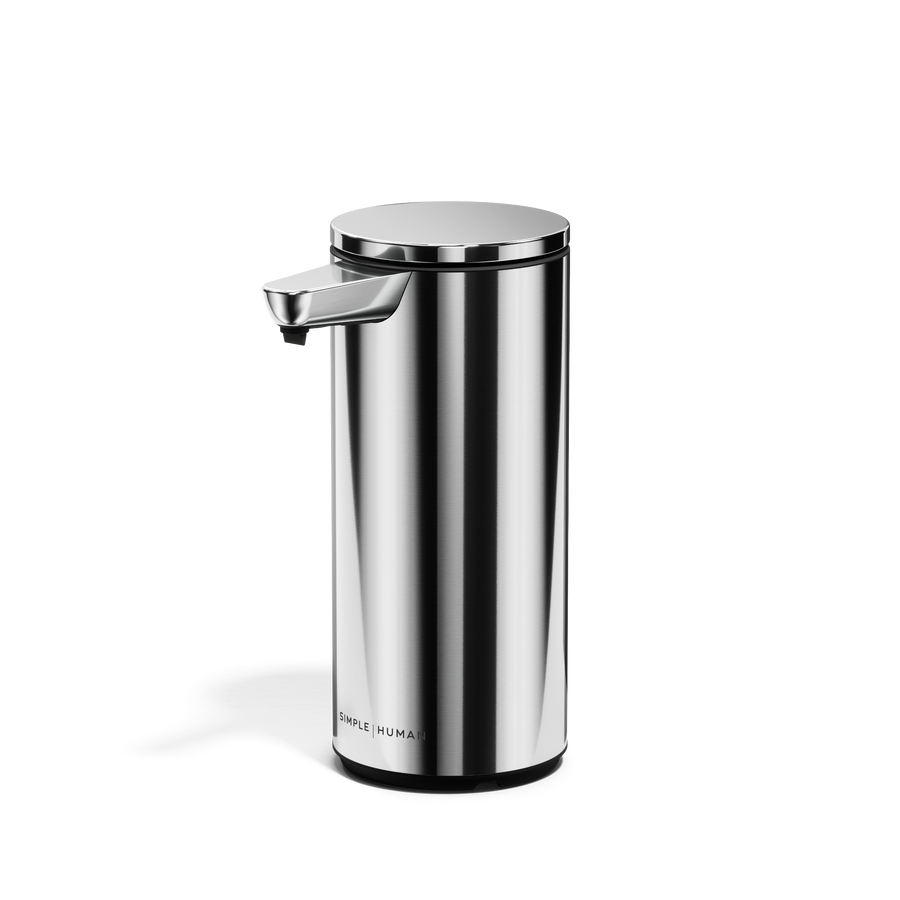 Studio shot of Simplehuman 9 oz. Rechargeable Sensor Pump in Polished Stainless Steel, touch-free.