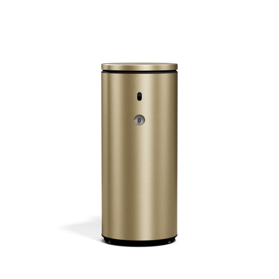 Simplehuman 9 oz. Rechargeable Liquid Sensor Pump in Brass, featuring touch-free dispensing.
